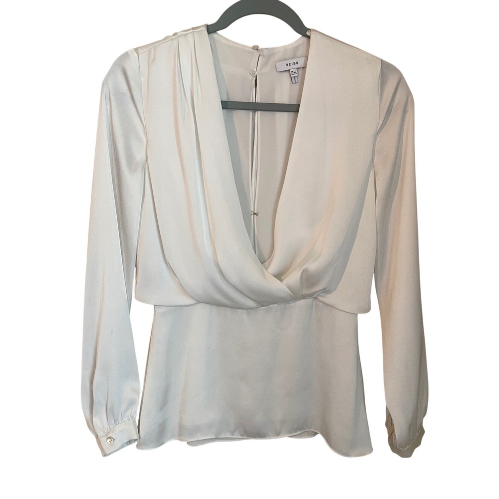 Reiss Miranda White Plunge V-Neck Blouse Size US 2 Long Sleeve Draped